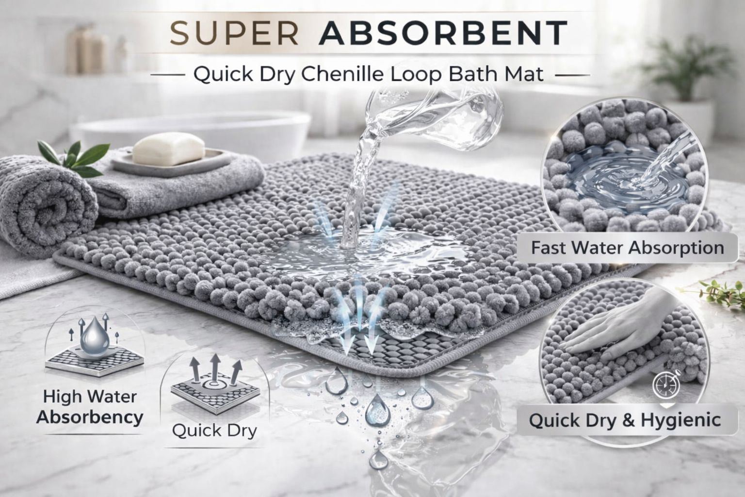 Night Zone Soft and Shaggy Chenille Loop 2 Piece Nonslip Bath Mat Set