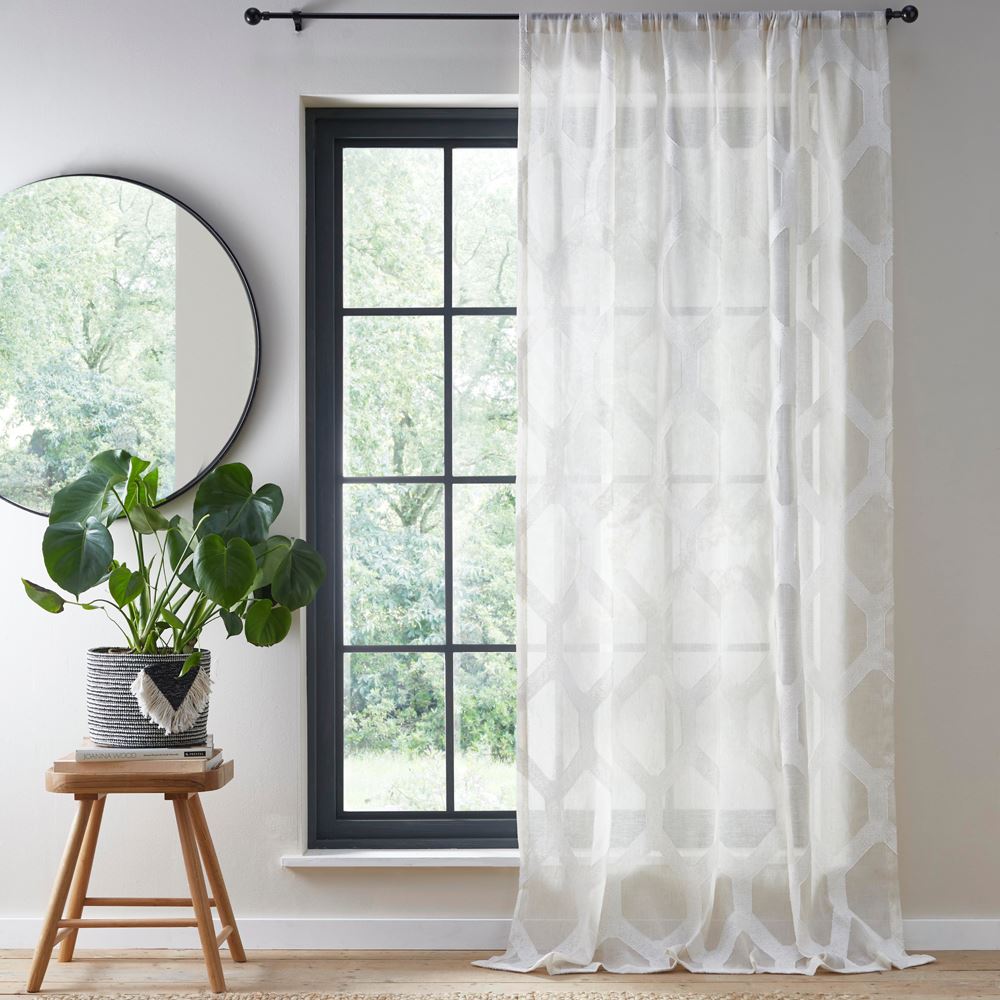 Fusion Linara Geometric Slot Top Voile Curtain Panel, Natural