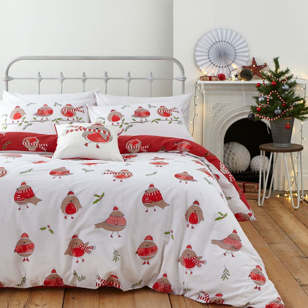Catherine Lansfield Christmas Robins Easy Care Reversible Duvet Cover Set