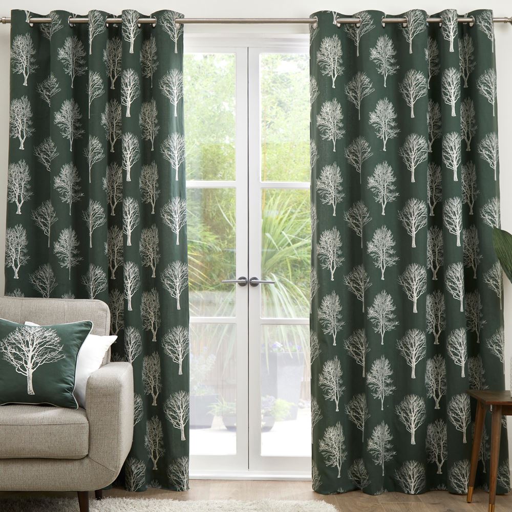 Fusion Woodland Trees Print 100% Cotton Eyelet Lined Curtains