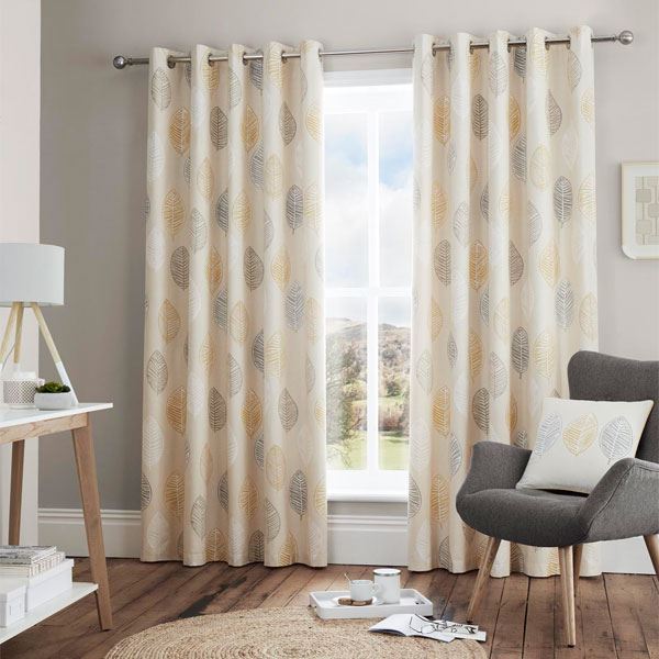 Fusion Skandi Leaf 100% Cotton Eyelet Lined Curtains