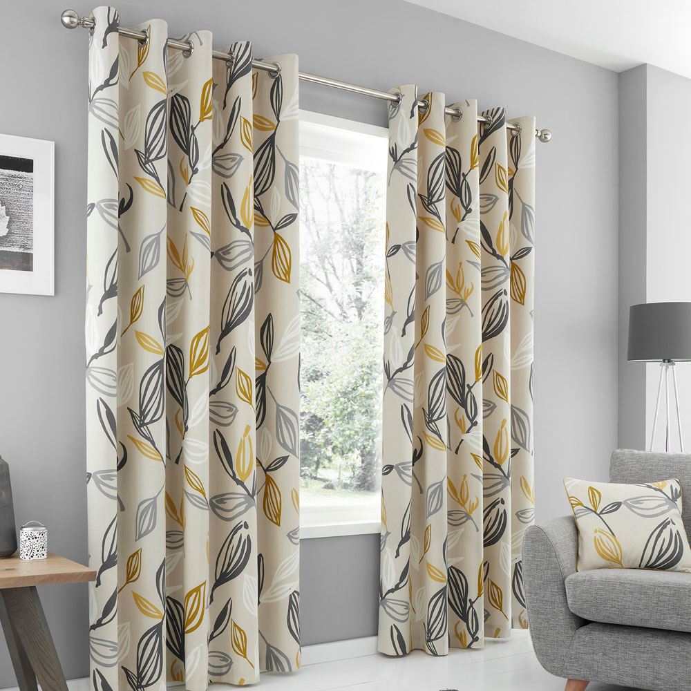 Fusion Ensley Botanical Print 100% Cotton Eyelet Lined Curtains