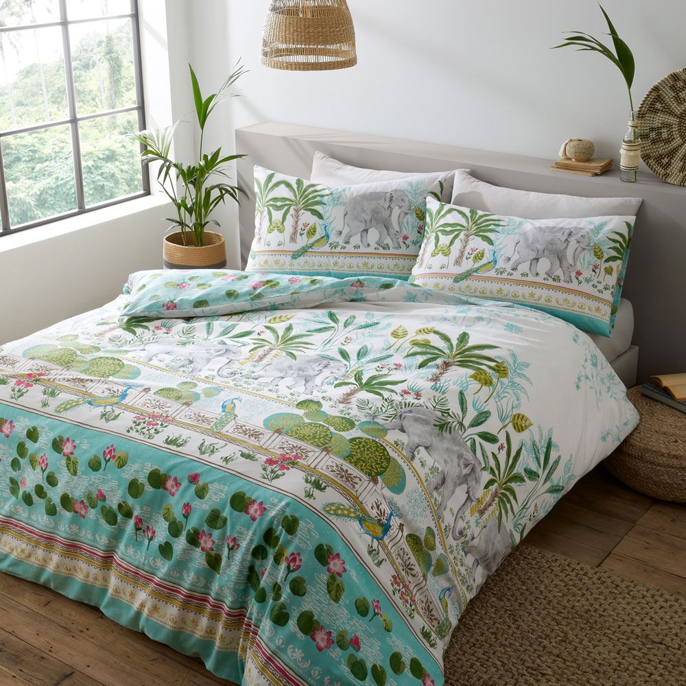 Pineapple Elephant Oasis Jungle Print 100% Cotton Reversible Duvet Cover Set