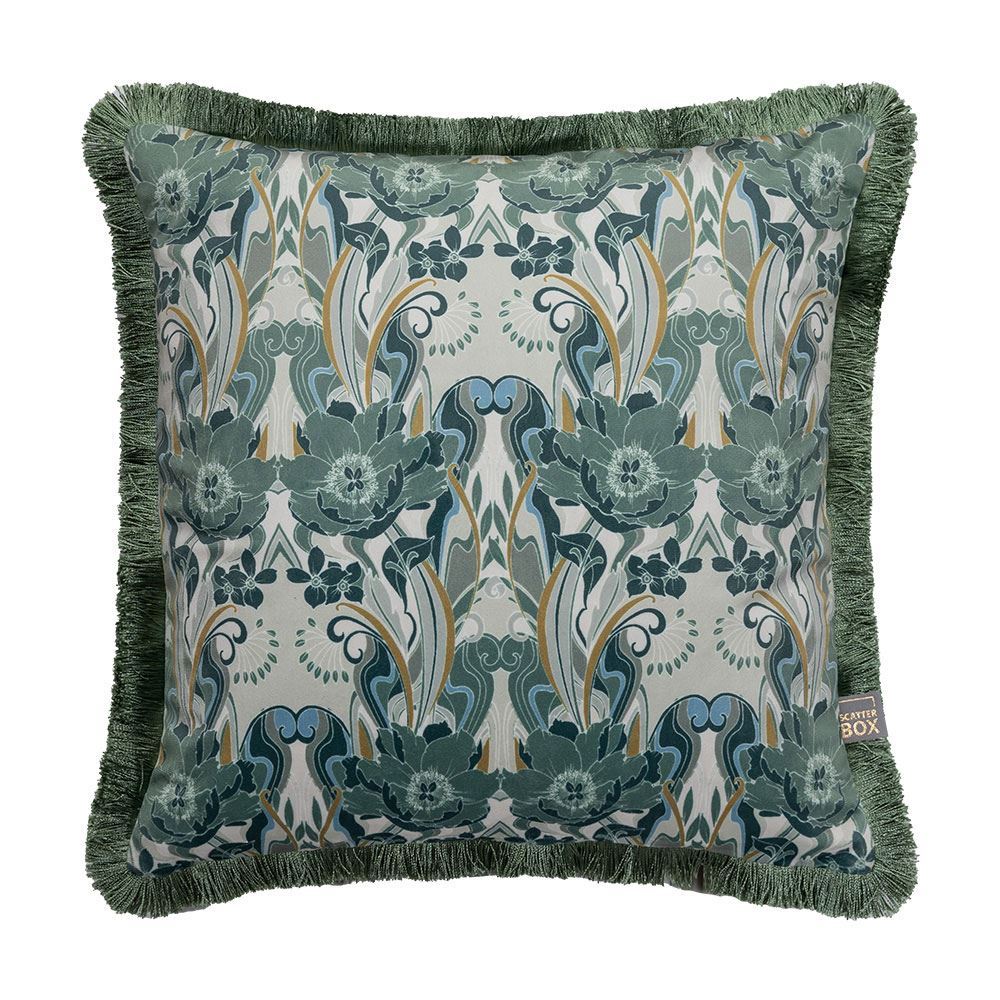 Scatter Box Noveau Botanical Print Fringed Feather Filled Cushion