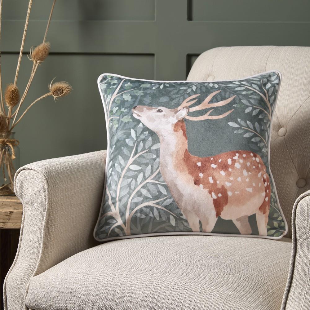 Dreams & Drapes Lodge Forest Animals Woodland Print Velvet Piped Edge Filled Cushion