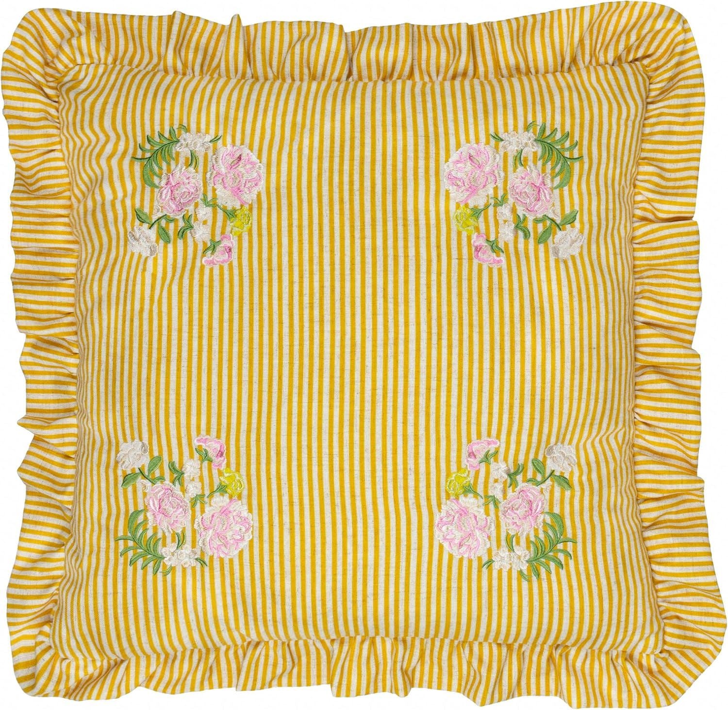 Wylder Martha Embroidered Floral Striped Ruffle Edge Cushion Cover