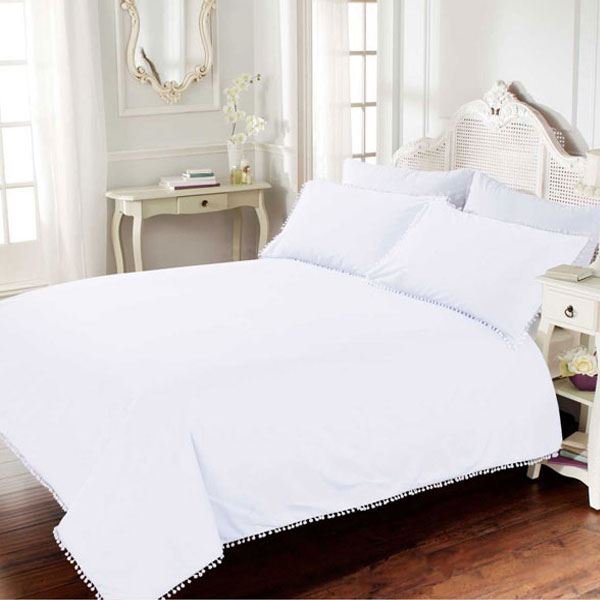 Bellissimo Pom Pom 100% Cotton 200 Thread Count Duvet Cover Set, White, Super King