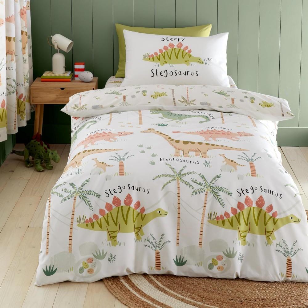Catherine Lansfield Sleepy Dino Reversible Junior Duvet Cover Set with Pillowcase Green