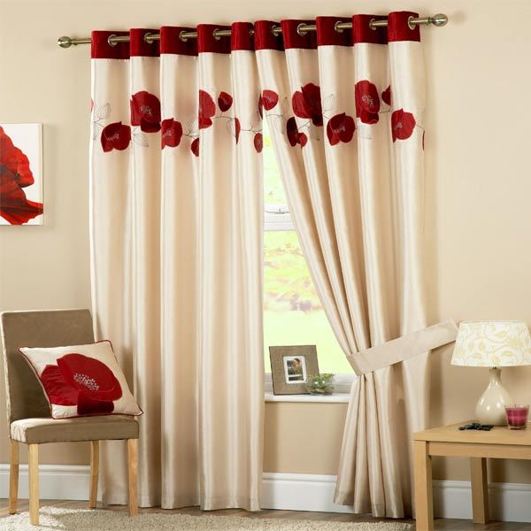 Curtina Danielle Floral Applique Faux Silk Eyelet Lined Curtains, Red, 90 x 54 Inch