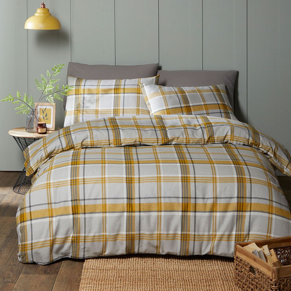 Fusion Ochre Check Print Reversible 100% Brushed Cotton Duvet Cover Set