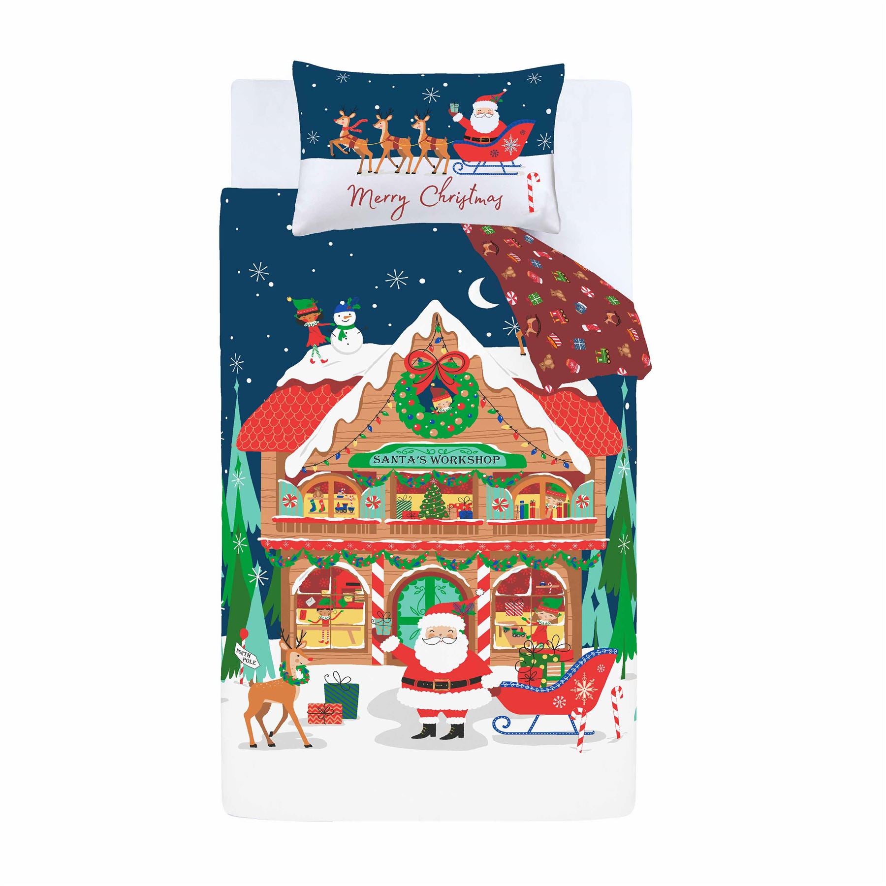 Catherine Lansfield Christmas Santa's Workshop Easy Care Reversible Duvet Cover Set