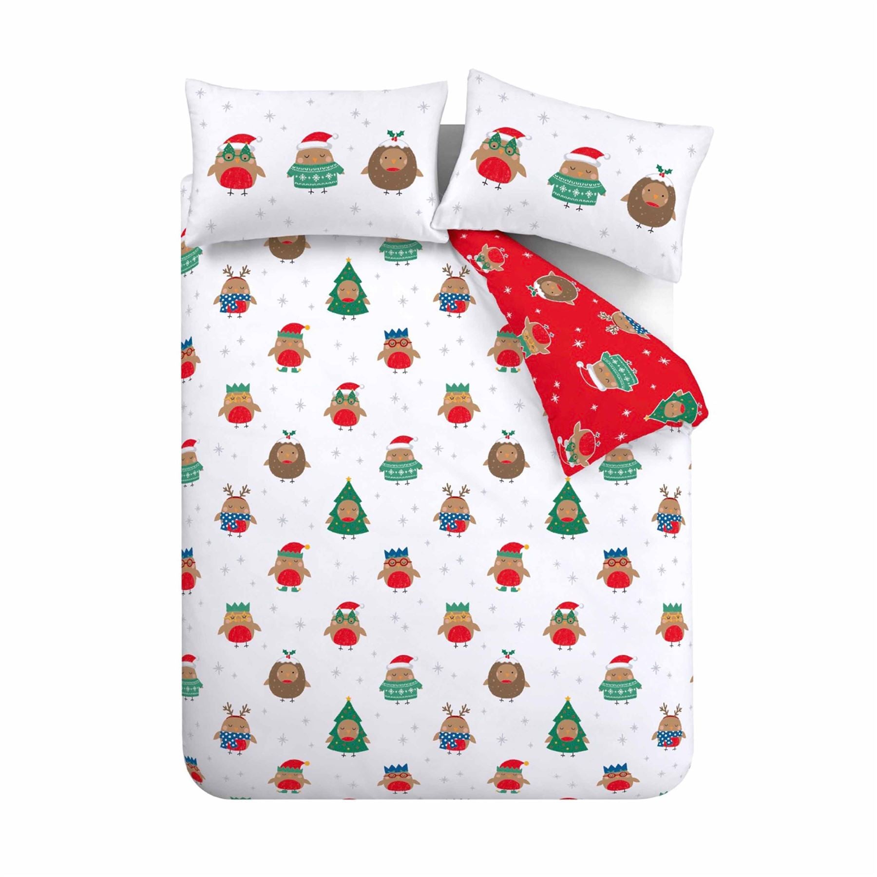 Catherine Lansfield Christmas Party Robins Easy Care Reversible Duvet Cover Set