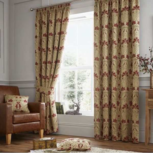 Curtina Burford Floral Jacquard Damask Pencil Pleat Lined Curtains, Red/Gold, 66 x 90 Inch