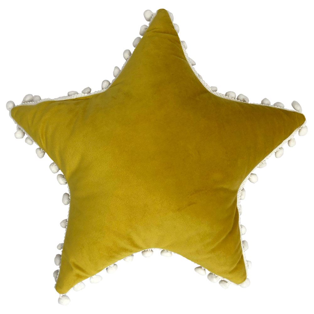 Little Furn Star Shaped Pom Pom Fringe Faux Velvet Filled Cushion, Yellow/White, 40 x 40 Cm