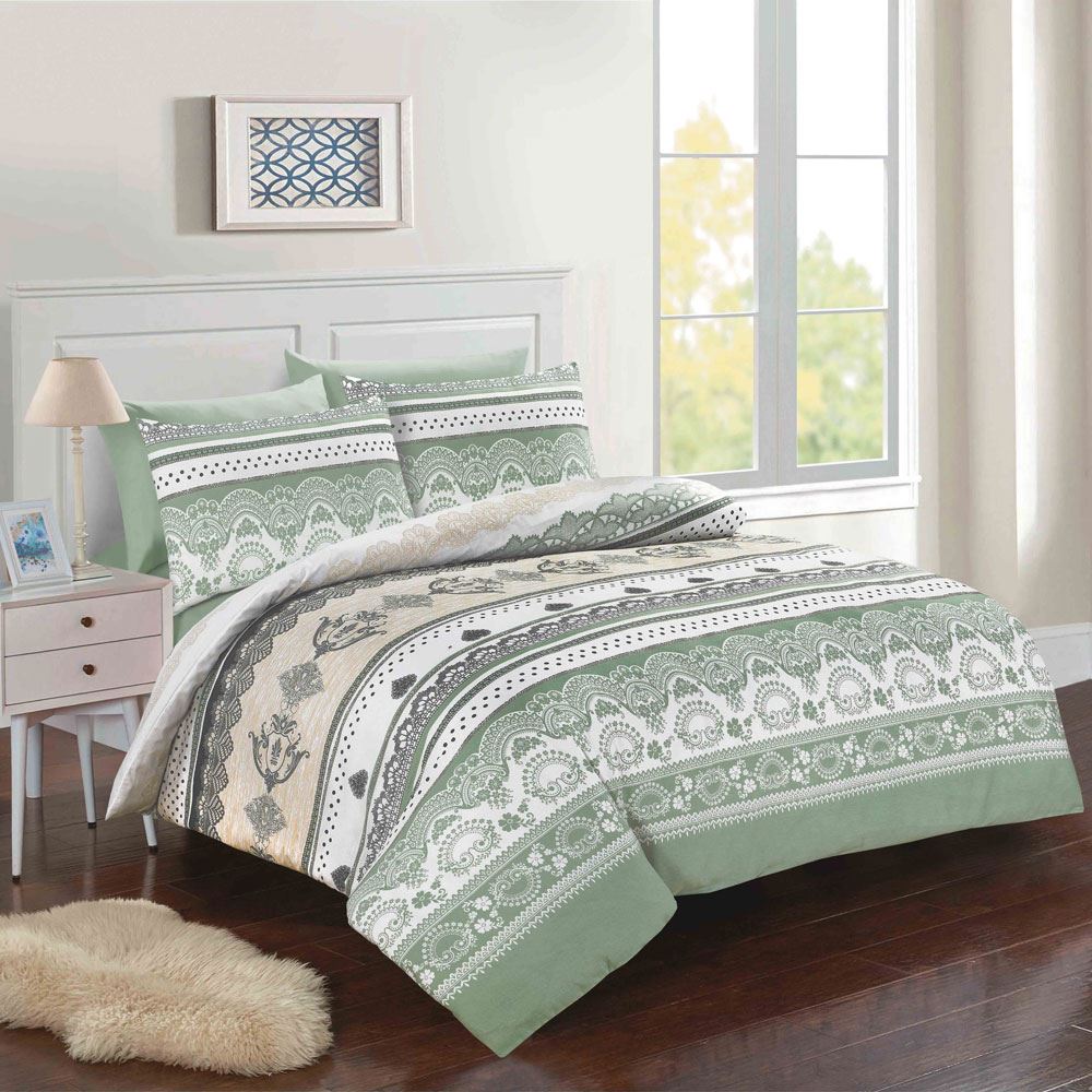Night Zone Chloe Ornate Damask Print Reversible Duvet Cover Set, Green/White