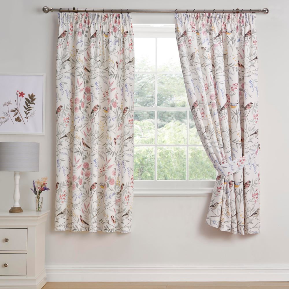 Dreams & Drapes Caraway Garden Birds Print Lined Pencil Pleat Curtains, Pink, 66 x 72 Inch