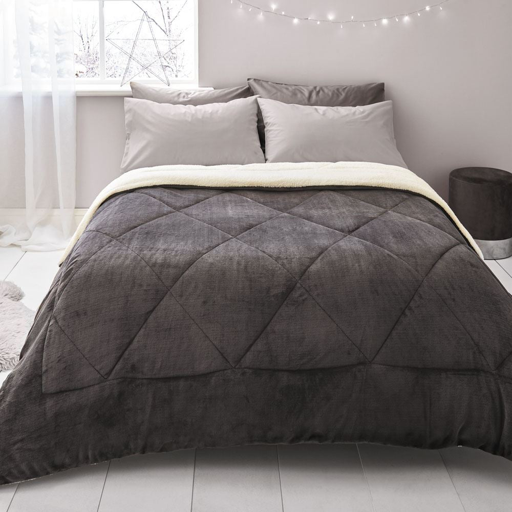 Catherine Lansfield So Soft Velvet Sherpa Quilted Comforter Bedspread, Grey, Single
