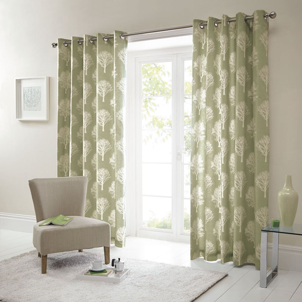 Fusion Woodland Trees Print 100% Cotton Eyelet Lined Curtains