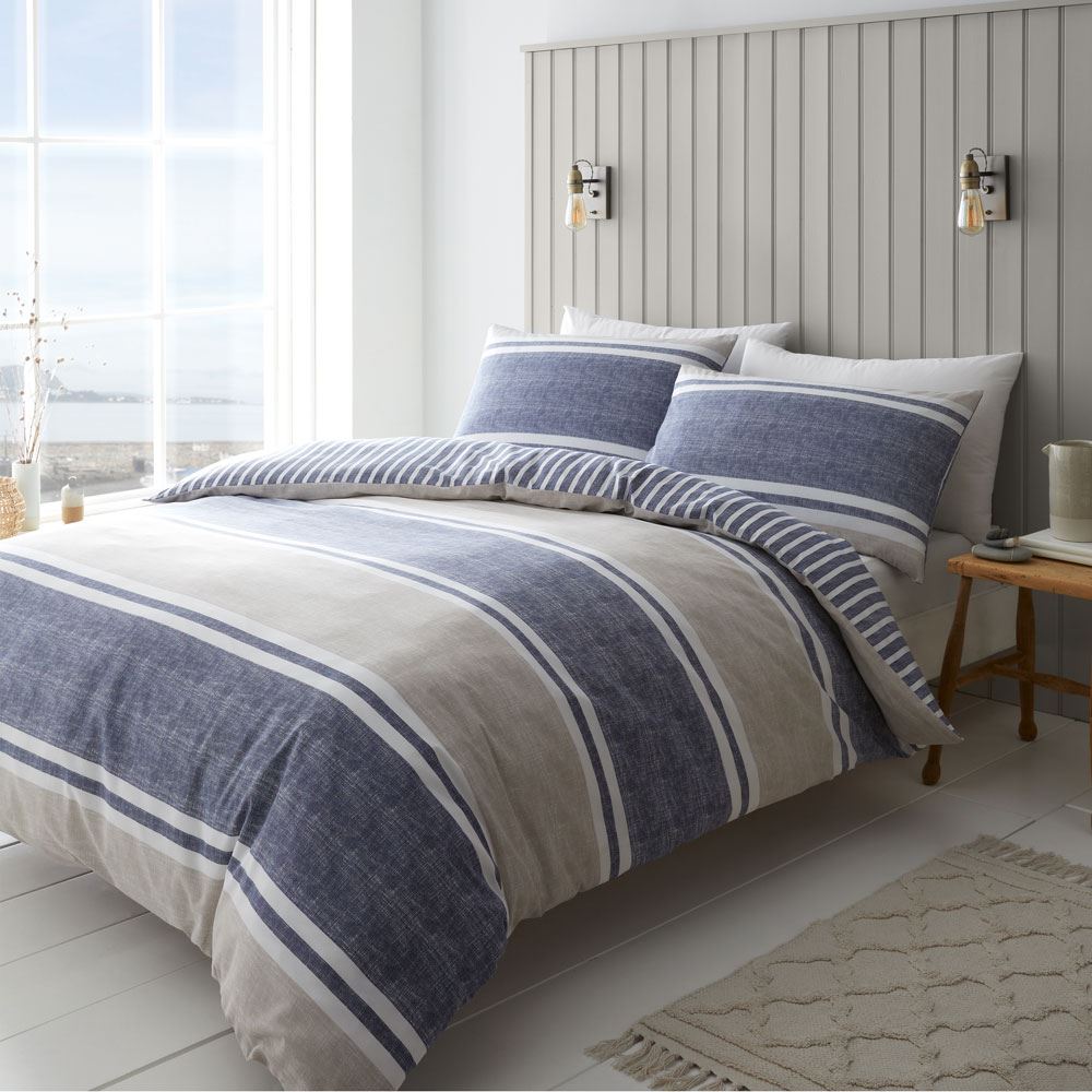 Catherine Lansfield Textured Banded Stripe Easy Care Reversible Duvet Cover Set