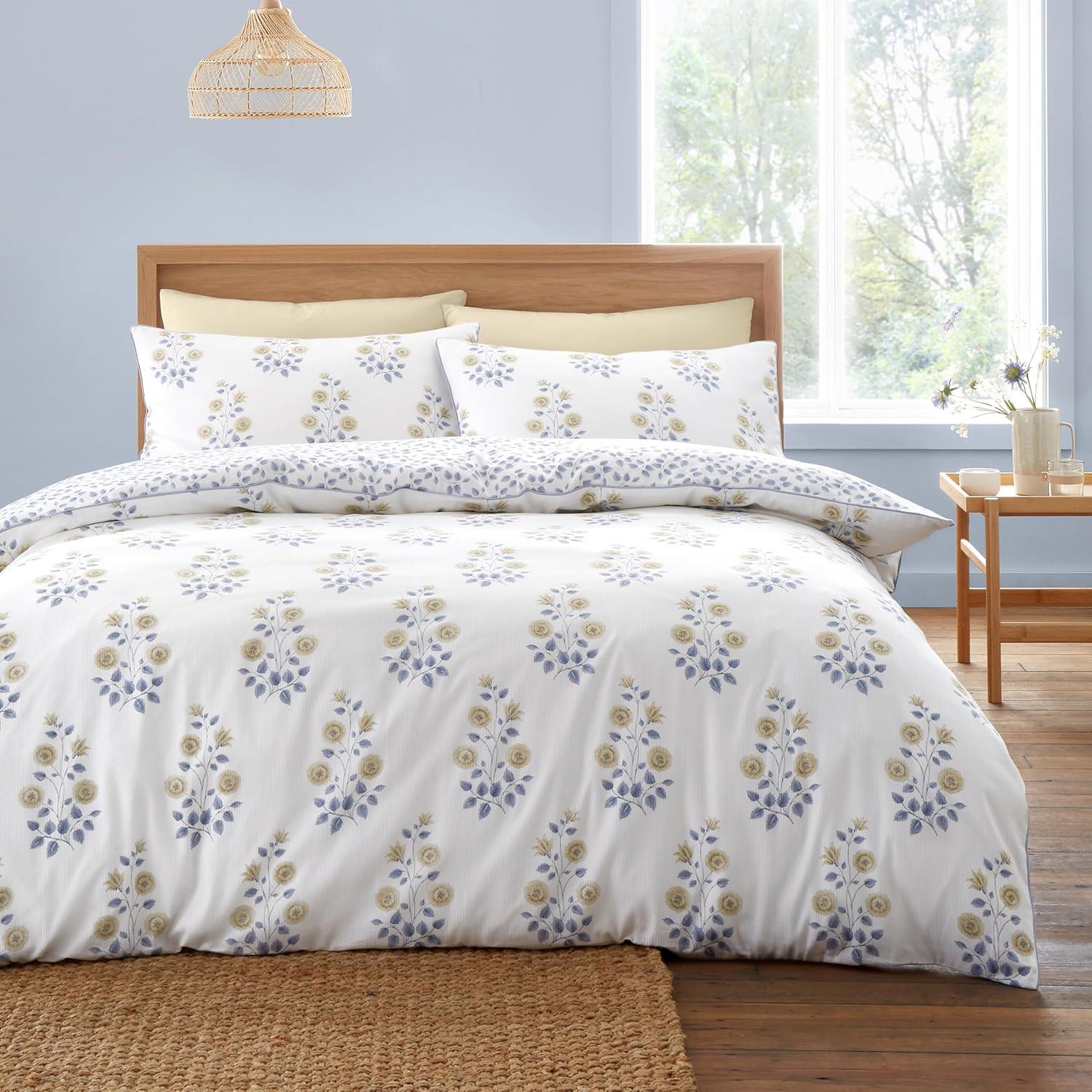Bianca Eloise Floral 100% Cotton Satin Stripe 230 Thread Count Reversible Duvet Cover Set