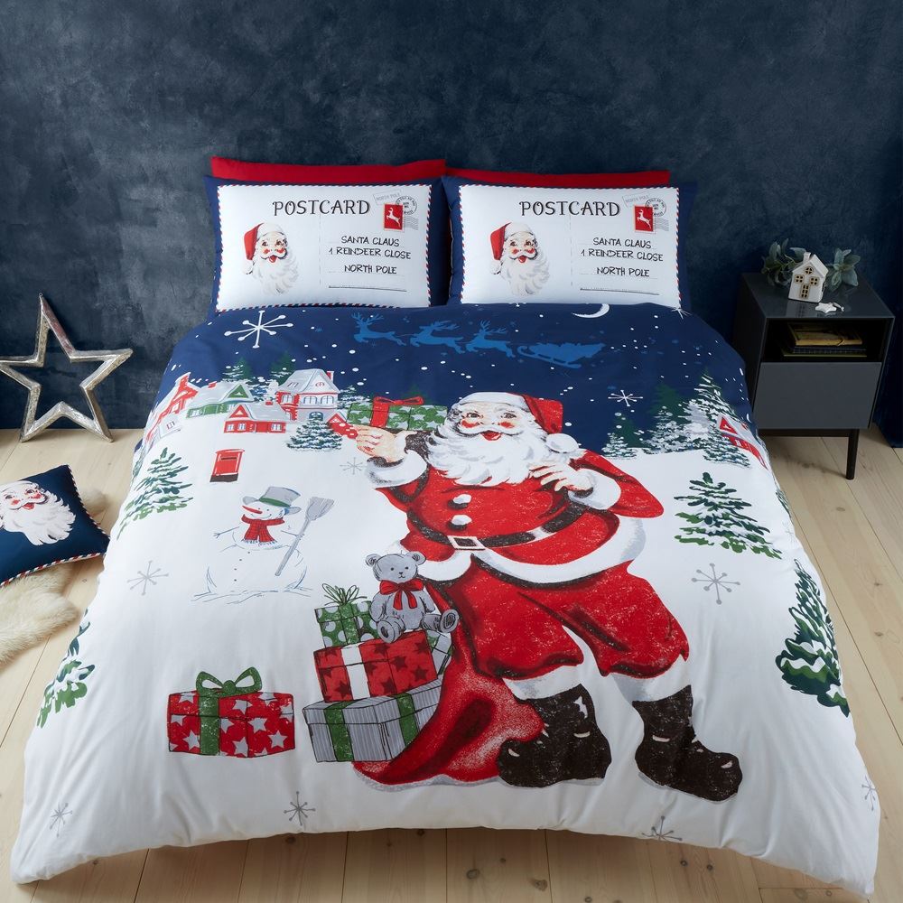 Catherine Lansfield Retro Father Christmas Print Reversible Duvet Cover Set