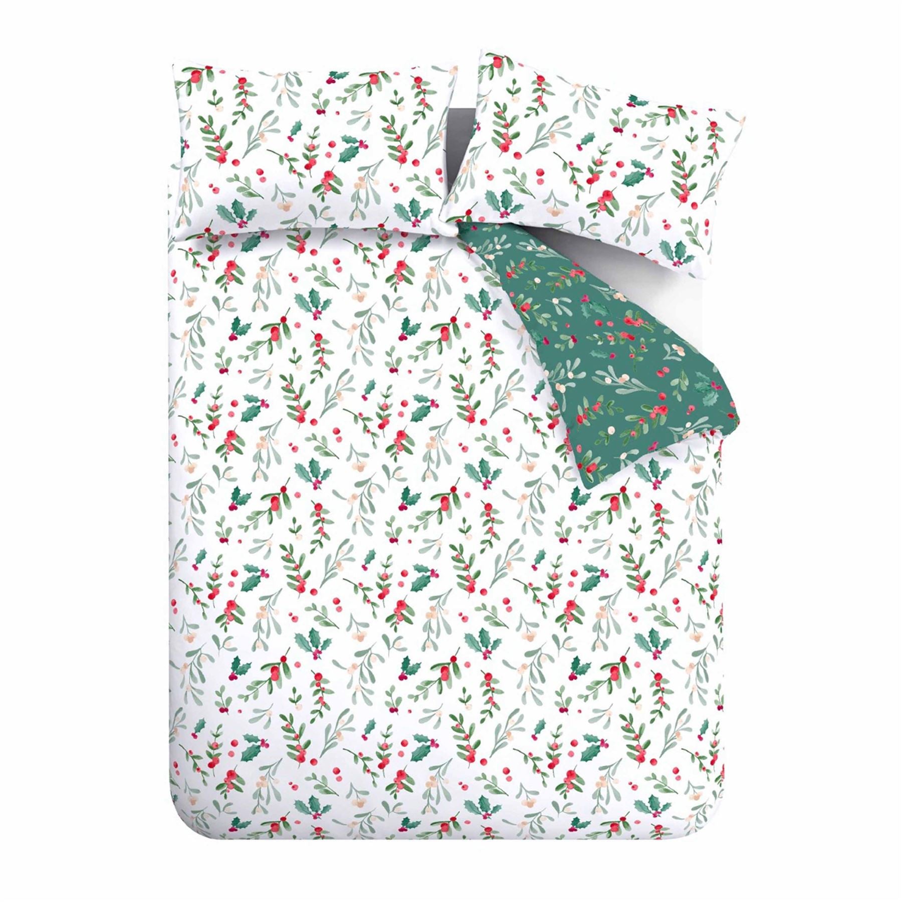 Catherine Lansfield Christmas Holly and Mistletoe 100% Brushed Cotton Reversible Duvet Cover Set
