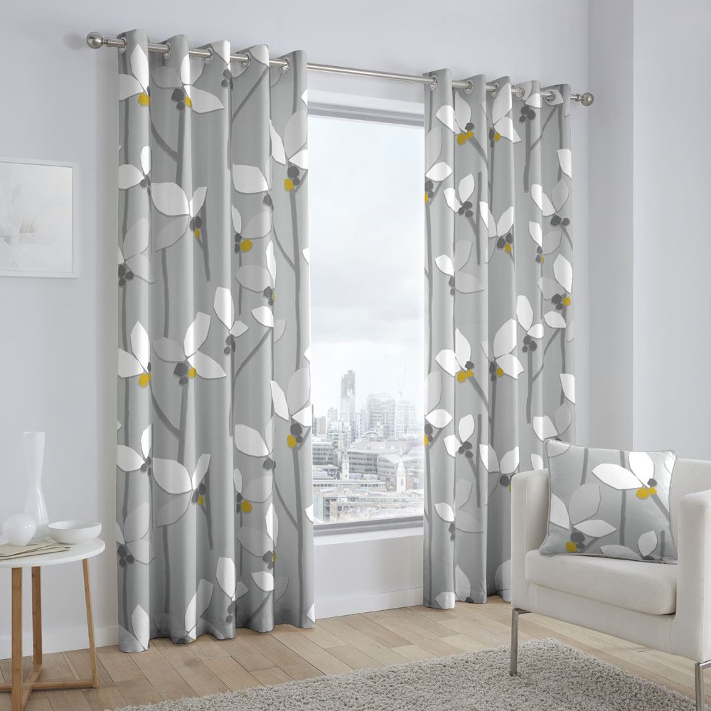 Fusion Kalmar Scandinavian Floral Print 100% Cotton Eyelet Lined Curtains