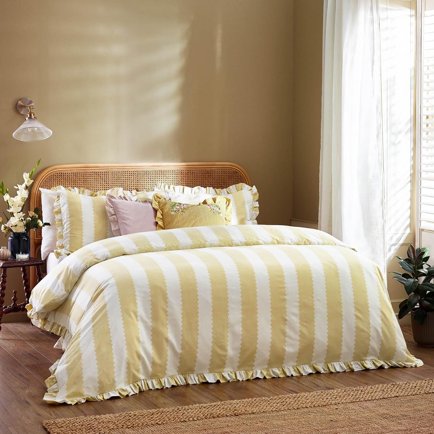 Wylder Birdie Stripe Cotton Rich Ruffle Trim Reversible Duvet Cover Set
