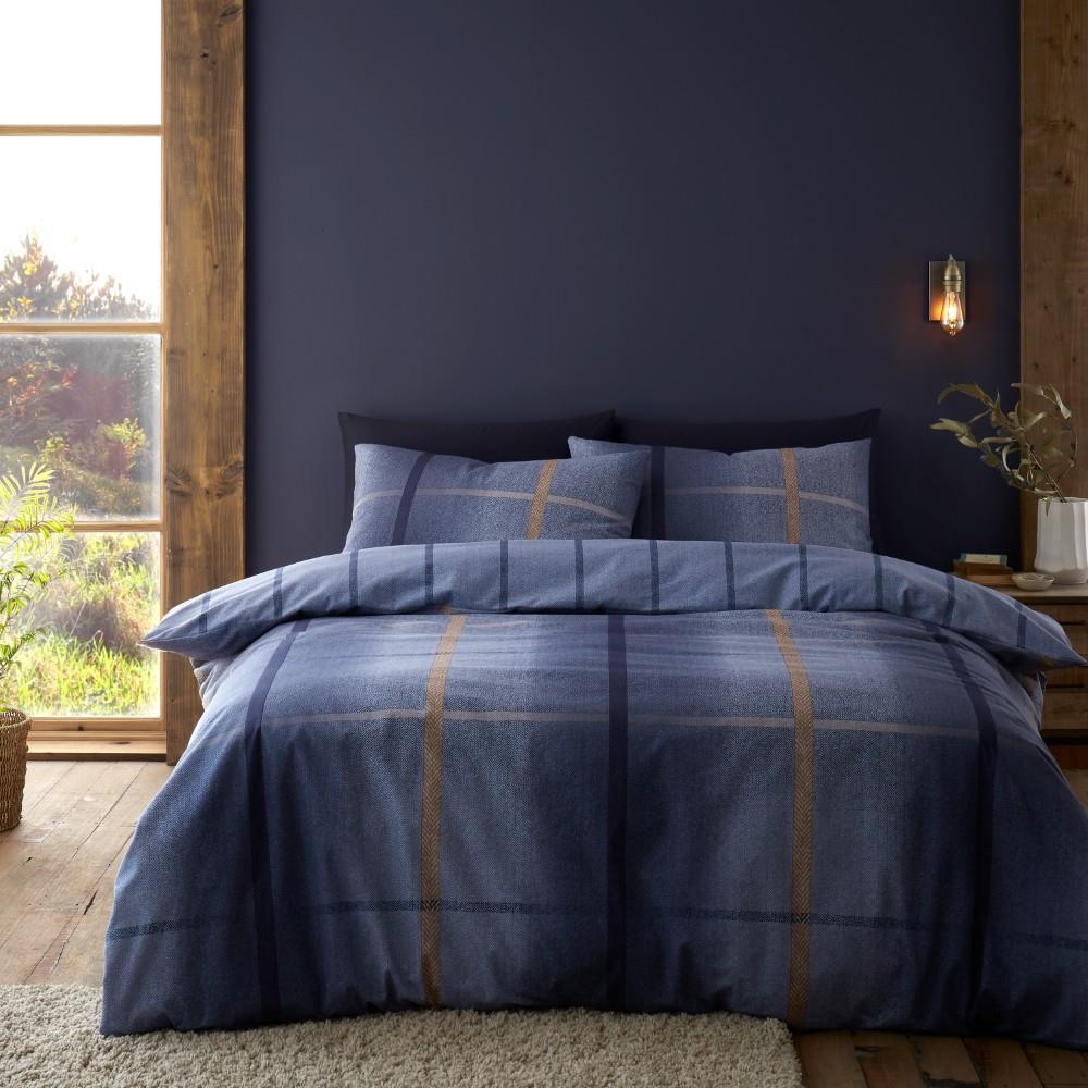 Catherine Lansfield Brushed Cotton Melrose Tweed Check Reversible King Duvet Cover Set with Pillowcases Blue