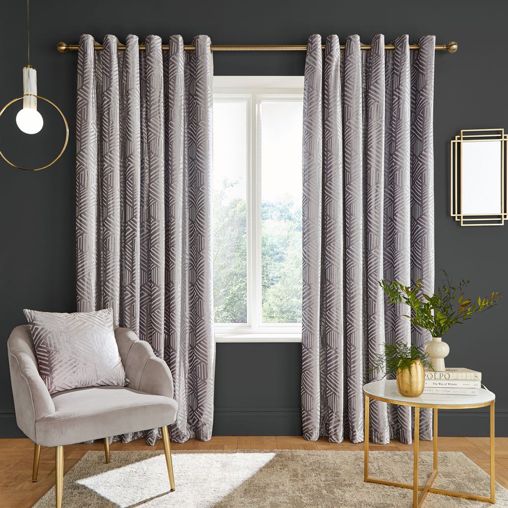Catherine Lansfield Geo Cut Velvet Deco Lined Eyelet Curtains