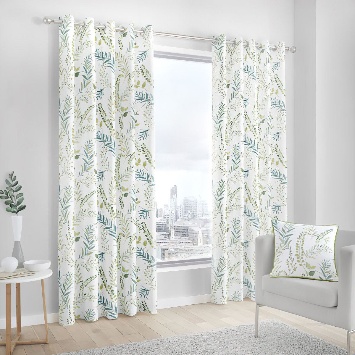 Fusion Fernworthy Leaf Print 100% Cotton Eyelet Lined Curtains