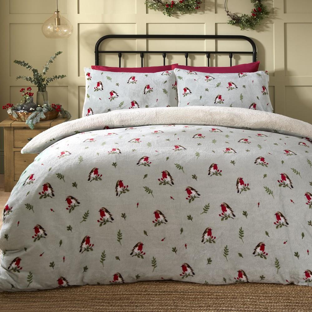 Dreams & Drapes Lodge Christmas Winter Robin Soft Teddy Fleece Duvet Cover Set