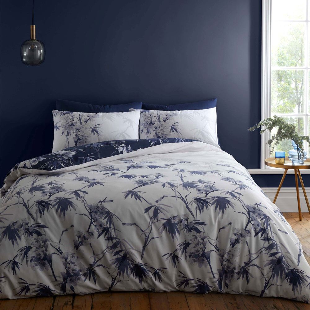 Bianca Kyoto Leaf Print 100% Cotton Reversible Duvet Cover and Pillowcase Set