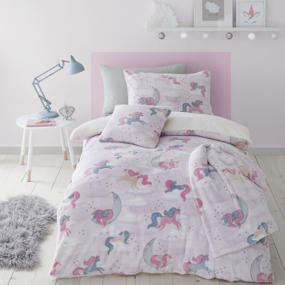Catherine Lansfield Kids Unicorn Dreams Glow In The Dark Super Soft Fleece Duvet Cover Set, Pink, Single
