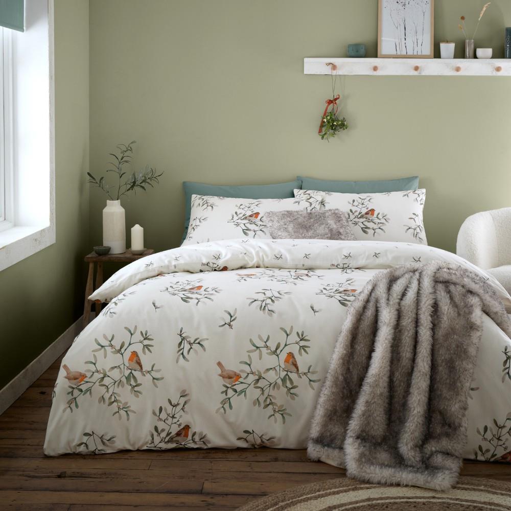 Catherine Lansfield Brushed Mistletoe Robins Cotton Reversible Double Duvet Cover Set with Pillowcases Cream