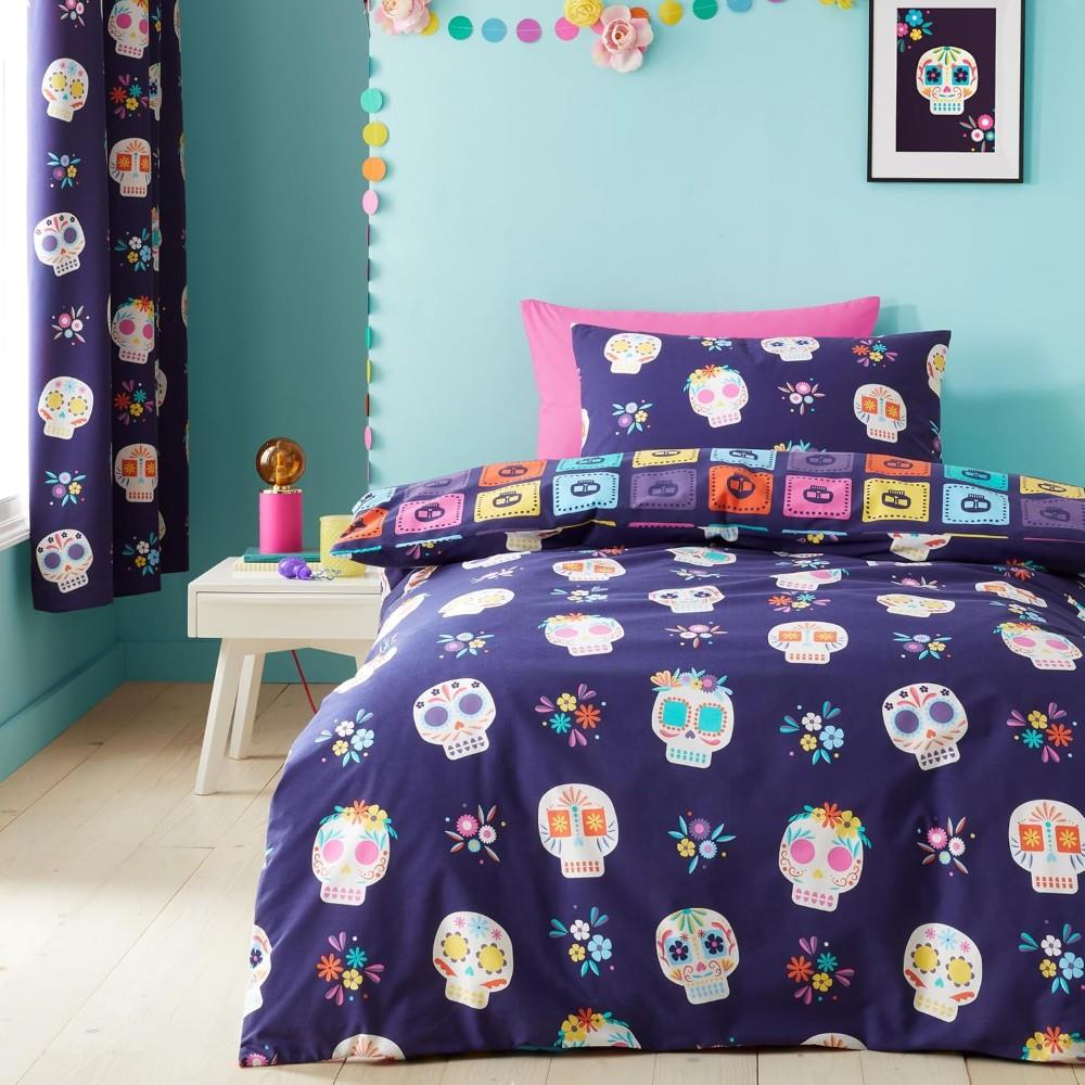 Catherine Lansfield Sugar Skull Fiesta Reversible Double Duvet Cover Set with Pillowcases Purple