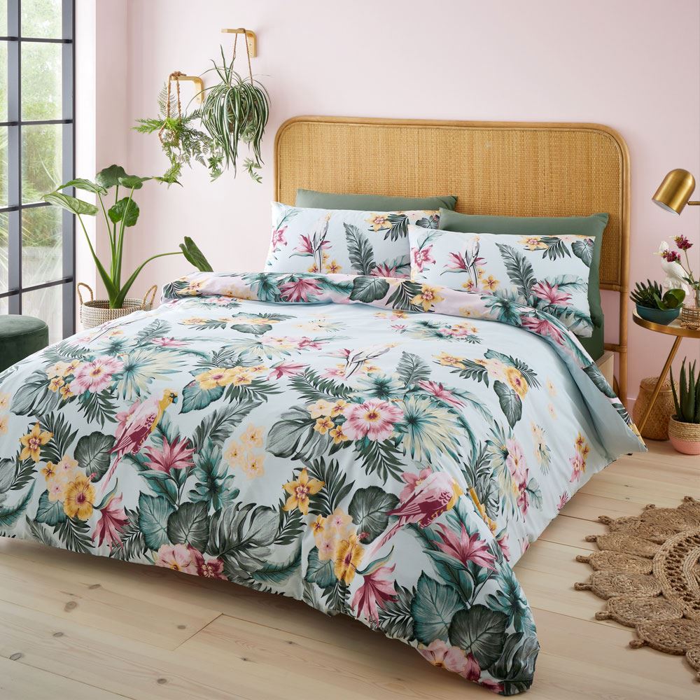 Catherine Lansfield Tropical Floral Print Easy Care Reversible Duvet Cover Set