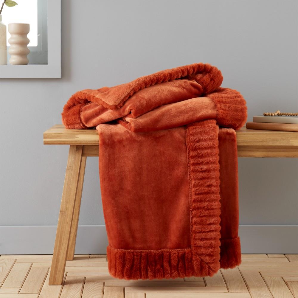 Catherine Lansfield Velvet and Faux Fur Soft Touch 150x200cm Blanket Throw Burnt Orange