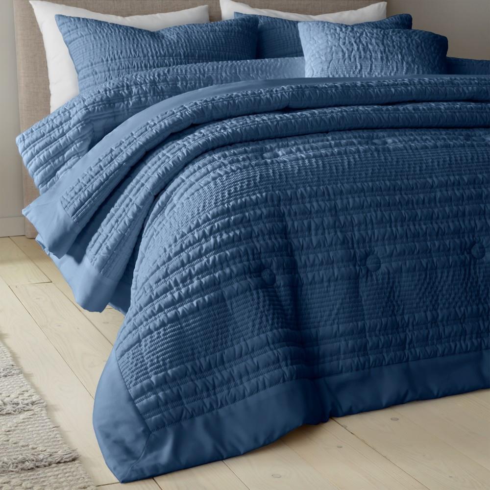 Catherine Lansfield Lennon Stripe Seersucker Quilted 220x220cm Bedspread Blue