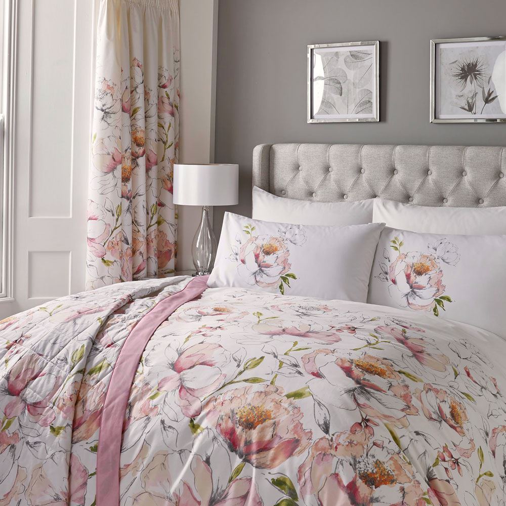 Dreams & Drapes Peony Watercolour Floral Print Pencil Pleat Lined Curtains