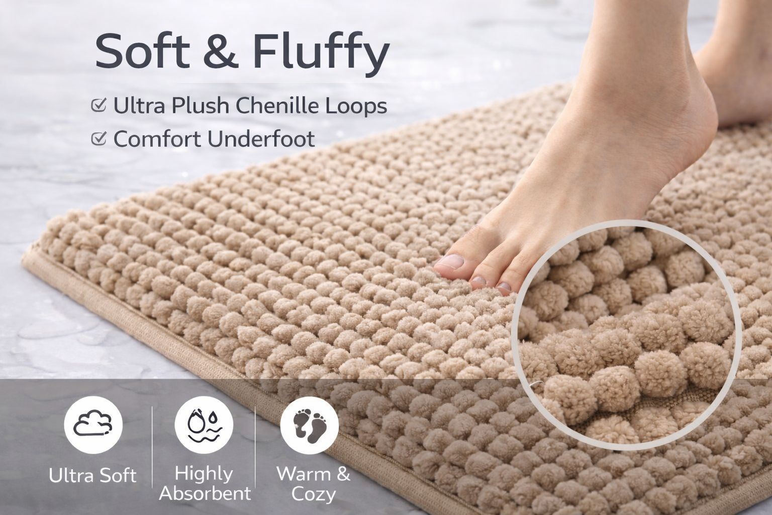 Night Zone Soft and Shaggy Chenille Loop 2 Piece Nonslip Bath Mat Set