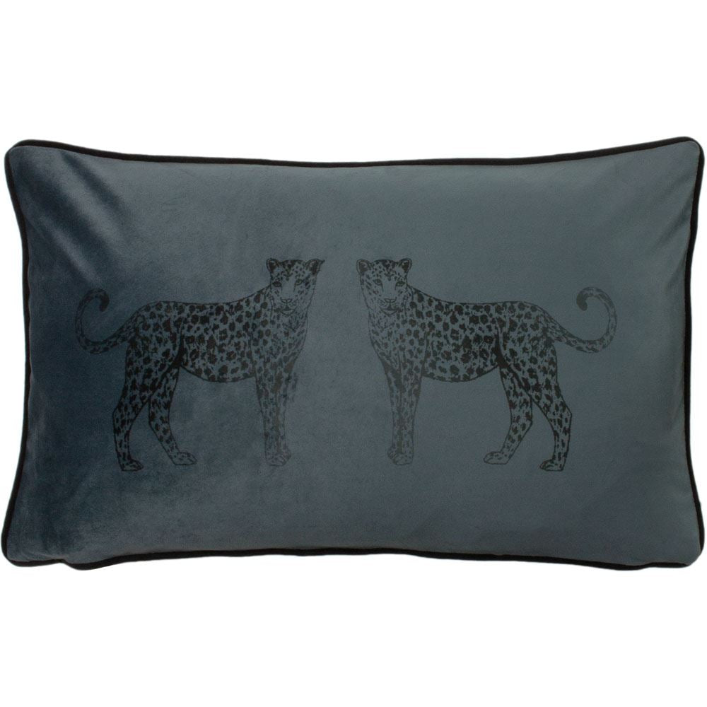 Evans Lichfield Savannah Leopards Faux Velvet Piped Edge Cushion Cover, Petrol, 30 x 50 Cm