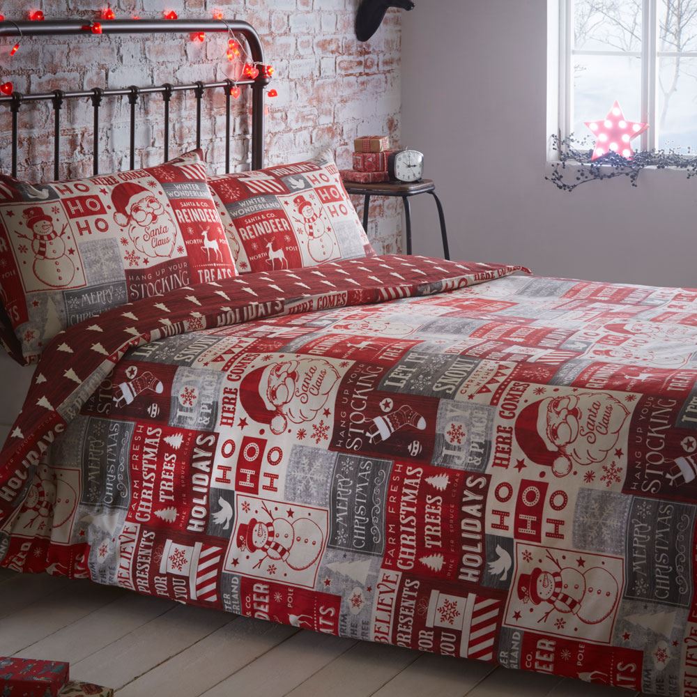 Portfolio Christmas Ho Ho Ho Patchwork Reversible Duvet Cover Set, Red, Super King
