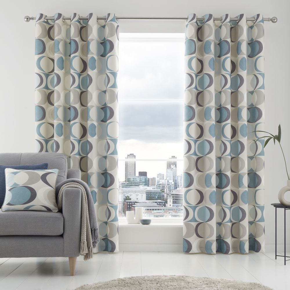 Fusion Sander Geometric Print 100% Cotton Eyelet Lined Curtains