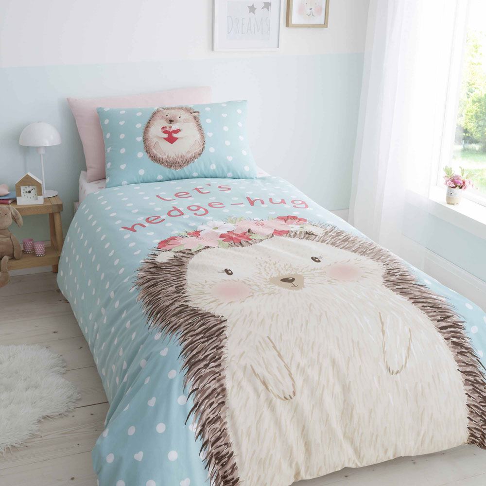 Catherine Lansfield Kids Polka Dot Hedgehog Hug Print Easy Care Duvet Cover Set