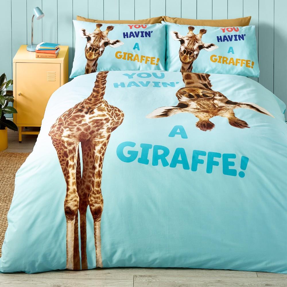 Catherine Lansfield Kids Havin A Giraffe Reversible King Duvet Cover Set with Pillowcases Aqua Blue