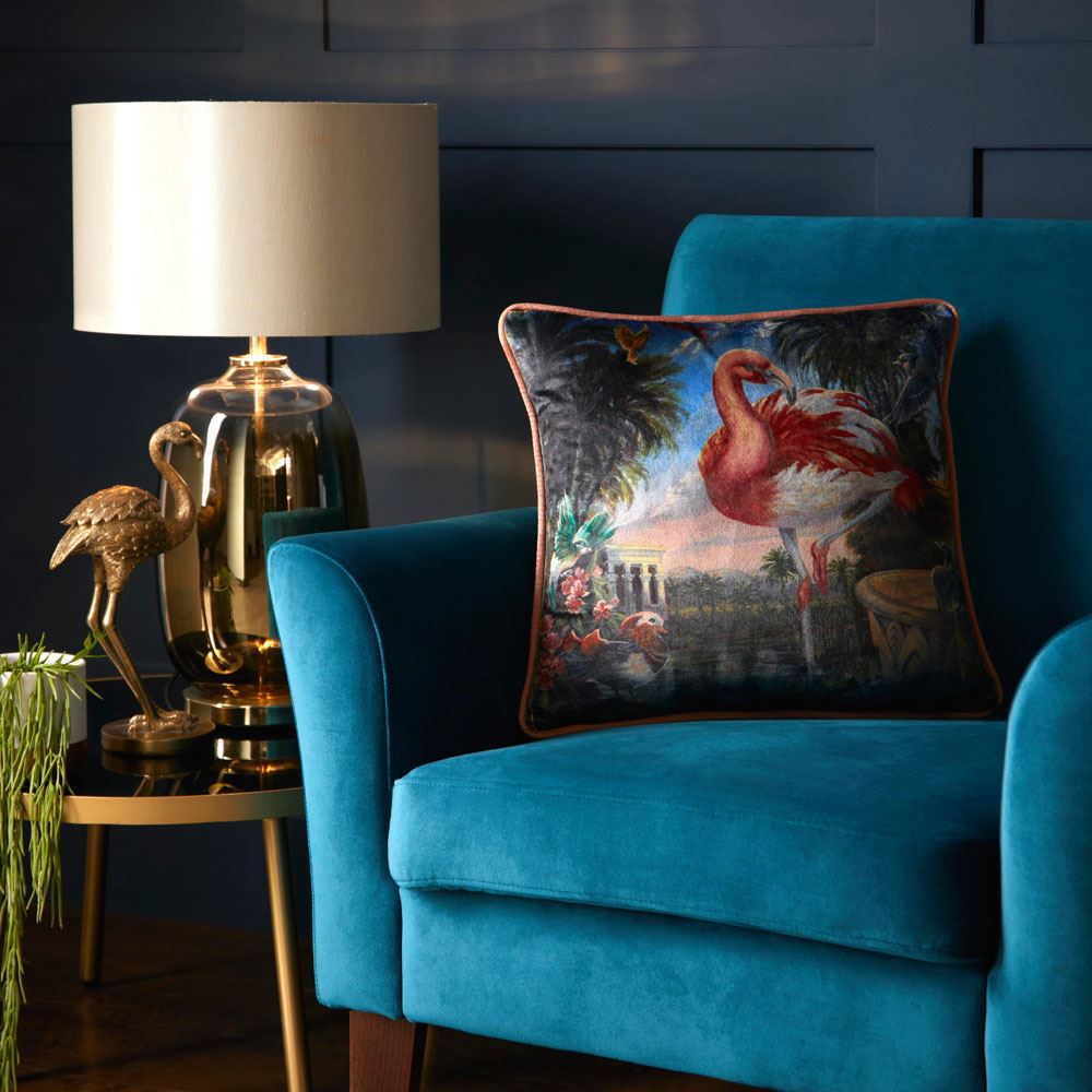 Laurence Llewelyn Bowen Flamingo Go Velvet Piped Edge Filled Cushion