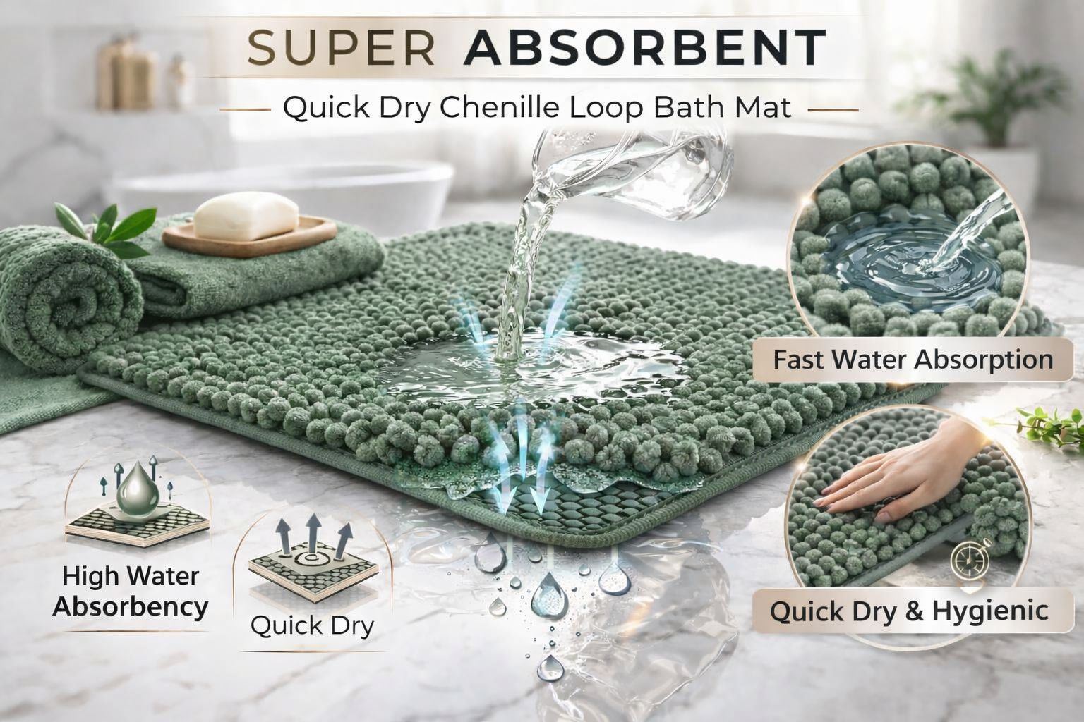 Night Zone Soft and Shaggy Chenille Loop 2 Piece Nonslip Bath Mat Set