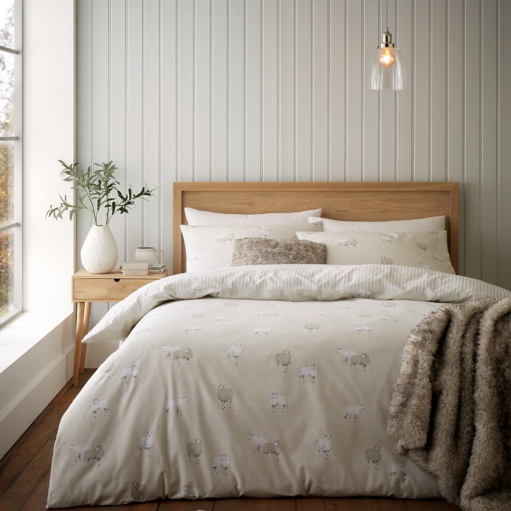 Catherine Lansfield Brushed Cotton Sheep Reversible Double Duvet Cover Set with Pillowcases Natural