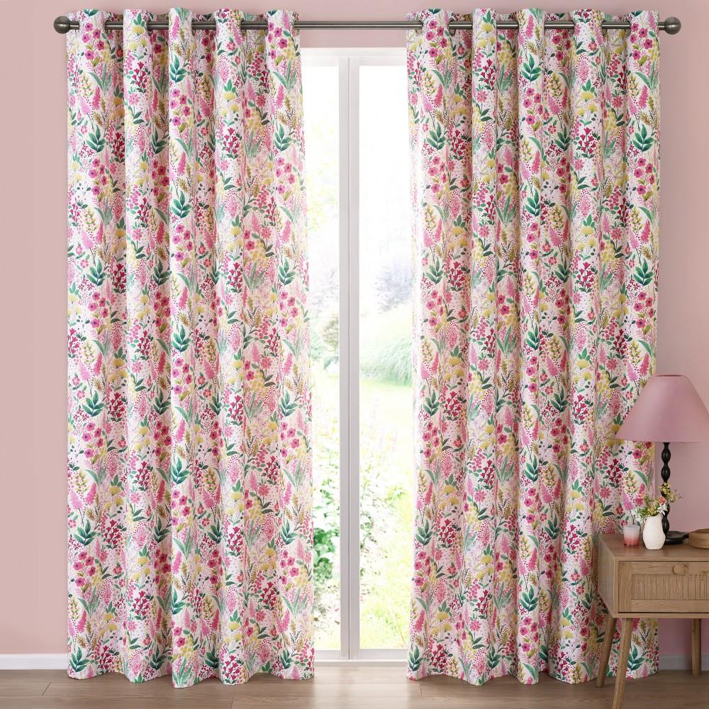 Catherine Lansfield Tilly Floral Fully Reversible 66x90 Inch Eyelet Curtains Two Panels Pink